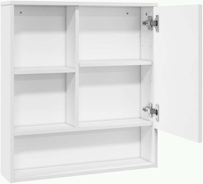 Panana Bathroom Medicine Cabinet with Mirror, Wall Mounted Single Mirror Door Storage Cabinet with 3 Open Compartments, Adjustable Height Shelf, 21.9x5.1x23.6 inch (White)