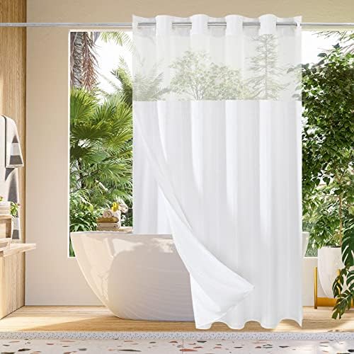 Gibelle Long Shower Curtain 72x80, Waffle Weave Bathroom Shower Curtain with Snap-in Fabric Liner Set, No Hooks Needed, Hotel Style with Mesh Top Window, White