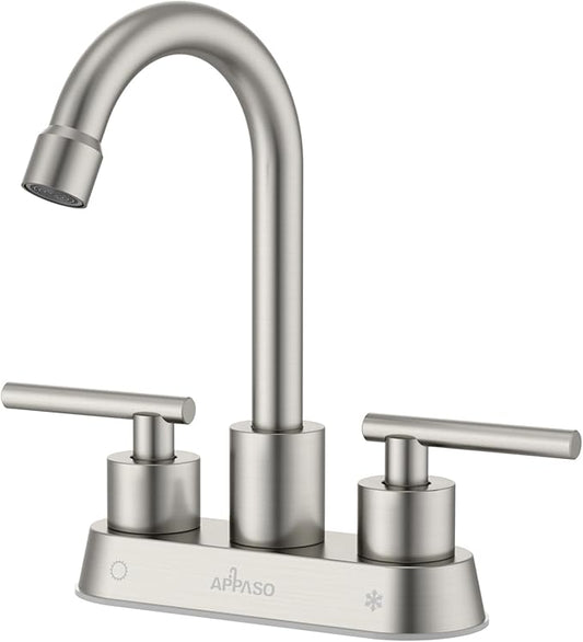 APPASO Bar Sink Faucet 4 Inch Centerset, 2 Hole Brushed Nickel with Dual Handles, 2 Handle Bathroom Faucet Small, Stainless Steel for Wet Bar Bathroom Utility Laundry Room Sink 2-Hole or 3 Holes