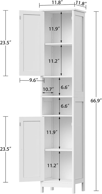 TEENFON 67" Tall Bathroom Cabinet with Adjustable Shelves and Doors, Narrow Bathroom Storage Cabinet for Small Space, Living Room, Entryway, Kitchen, White
