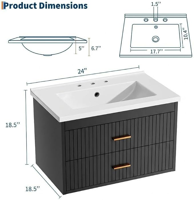 24 Inch Floating Bathroom Vanity with Sink - Modern Wall Mounted Vanity with Ceramic Sink, 2 Large Drawers, Waterproof & Easy Clean
