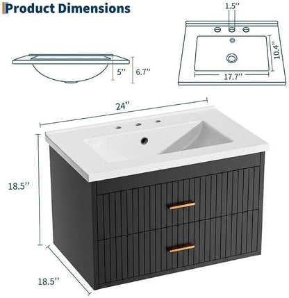 24 Inch Floating Bathroom Vanity with Sink - Modern Wall Mounted Vanity with Ceramic Sink, 2 Large Drawers, Waterproof & Easy Clean