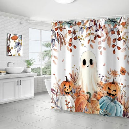 Fall Funny Ghost Shower Curtain, Halloween Pumpkins Harvest Autumn Leaves Decor Bath Curtain, Maple Leaves Spooky Bathroom Accessories Set with Hooks
