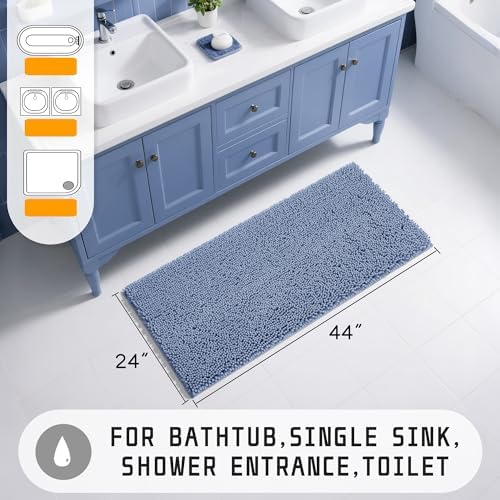 Yimobra Long Bathroom Rugs 44"x24", Extra Soft Non Slip Bath Mat for Tub, Super Absorbent Quick Dry Shaggy Rug Floor Carpet, Machine Washable,Denim Blue