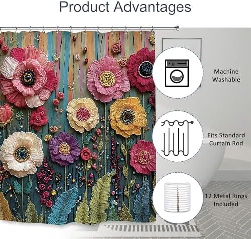 Vintage Colorful Flower Shower Curtain 60Wx72L Inch Botanical Blossom Retro Plant Bathroom Set Accessories Decor with 12 Pack Hooks
