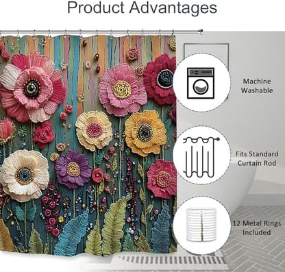 Vintage Colorful Flower Shower Curtain 60Wx72L Inch Botanical Blossom Retro Plant Bathroom Set Accessories Decor with 12 Pack Hooks