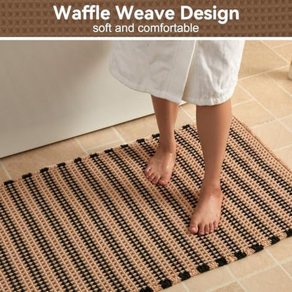 Triohero Waffle Runner Rug Bathroom, Long Boho Bath Mat 24x60 Khaki & Black