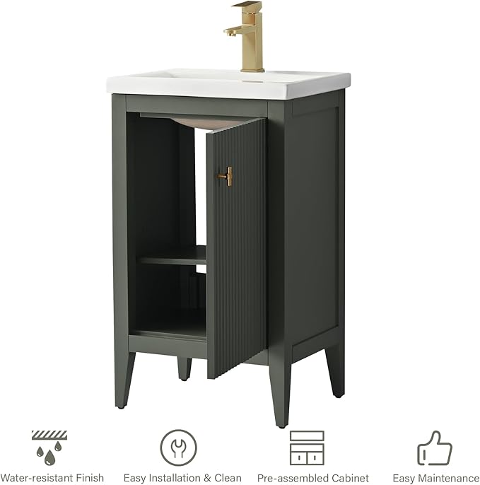 HOMEBEYOND 20" Bathroom Vanity with Ceramic Sink, Solid Wood Free-Standing Vanities Cabinet, Ceramic Top, Golden Brushed Hardware & Soft Closing Door, Vintage Green