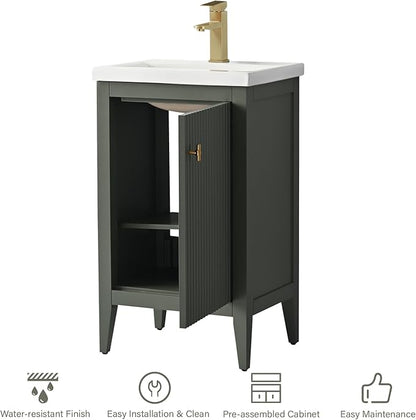 HOMEBEYOND 20" Bathroom Vanity with Ceramic Sink, Solid Wood Free-Standing Vanities Cabinet, Ceramic Top, Golden Brushed Hardware & Soft Closing Door, Vintage Green