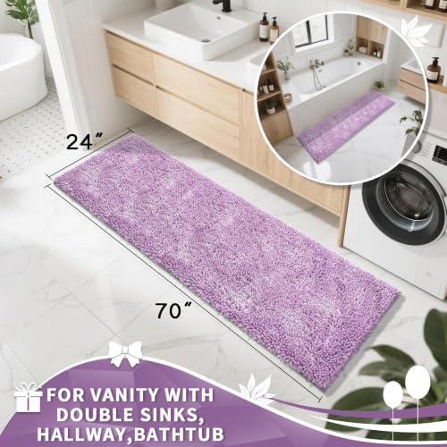 Yimobra Long Bathroom Rugs Runner 70x24 Inch, Extra Thick Soft Absorbent Chenille Bath Mat, Non Slip Machine Washable, Quick Dry Bath Rugs for Bathroom Floor, Tub and Shower, Lilac