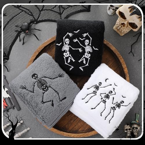 FuWeave 3 Pcs Black White Halloween Skeleton Hand Towels for Bathroom