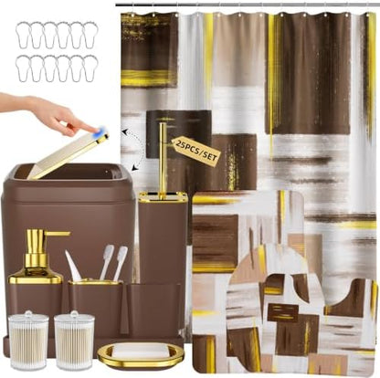XLHOMO Bathroom Accessories Set - 25PC Bathroom Set with Shower Curtain and Rugs, Brown Bathroom Set, Bathroom Accessory Set with Press-on Lid Trash Can, Soap Dispenser and Qtip Holders