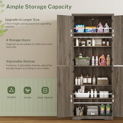 Tall Pantry Cabinet with 4 Doors & 2 Adjustable Shelves, Kitchen Cabinet