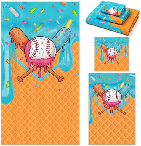 Moukeren Set of 3 Ice Cream Drip Baseball Bath Towels, Decorative Towels