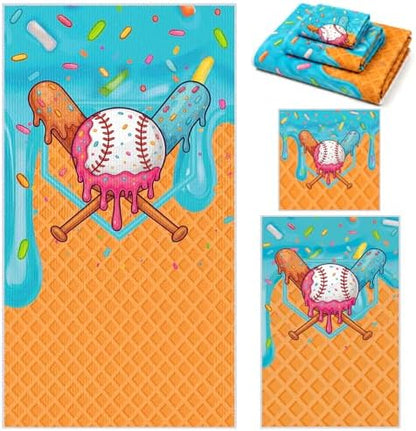 Moukeren Set of 3 Ice Cream Drip Baseball Bath Towels, Decorative Towels