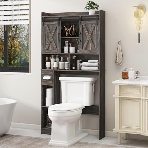 Vabches Over The Toilet Storage Cabinet with Sliding Doors, Dark Grey