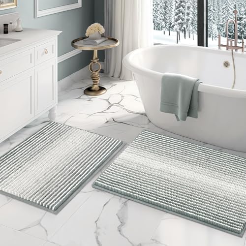 BSICPRO Bathroom Rugs Sets 2 Piece, Non Slip Striped Bath Mats, Light Gray