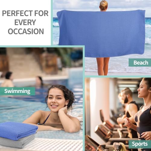 Microfiber Waffle Bath Towels, 4 Pieces, Soft, Absorbent, Fast Drying, Lint Free 430 GSM (27''x55''/68.58 cm x139.7 cm) (Silver+Dark Blue)