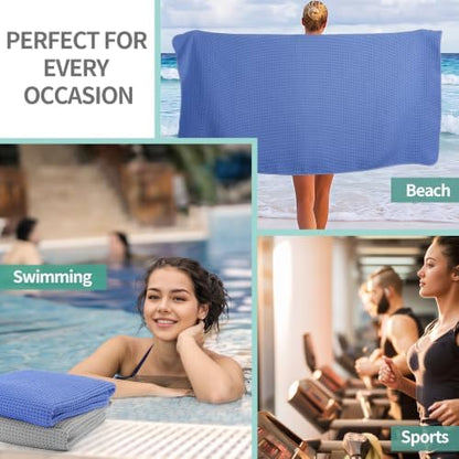 Microfiber Waffle Bath Towels, 4 Pieces, Soft, Absorbent, Fast Drying, Lint Free 430 GSM (27''x55''/68.58 cm x139.7 cm) (Silver+Dark Blue)