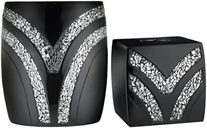Zahari Home 2pc Sinatra Black Modern Bath Accessories Set Waste Basket & Tissue Box Modern Decorative Beautiful Designs Bathroom Decor Set for Home Luxury Bath Set Mosaic Glass