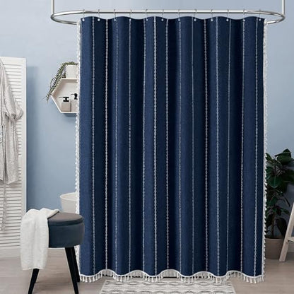 BTTN 72x96 Extra Long Boho Linen Heavy Duty Shower Curtain Set, Navy Blue