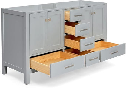 ARIEL Cambridge 60-inch Bathroom Vanity Base Cabinet,Solid Wood, 4 Soft Closing Doors, 6 Dovetail Drawers, Grey