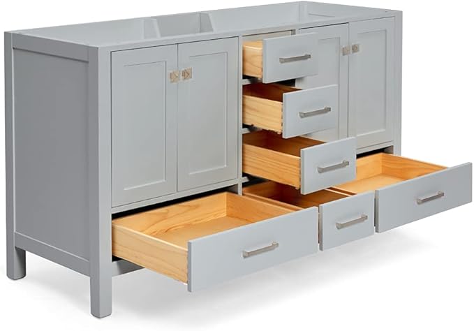 ARIEL Cambridge 60-inch Bathroom Vanity Base Cabinet,Solid Wood, 4 Soft Closing Doors, 6 Dovetail Drawers, Grey