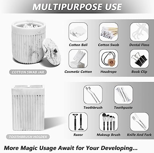 XLHOMO Resin White Marble Bathroom Accessories Set 5 Pcs, Lotion Soap Dispenser, Toothbrush Holder, Bathroom Tumbler, Qtip Holder and Vanity Tray, Bathroom Countertop Organizer Set for Home Apartment