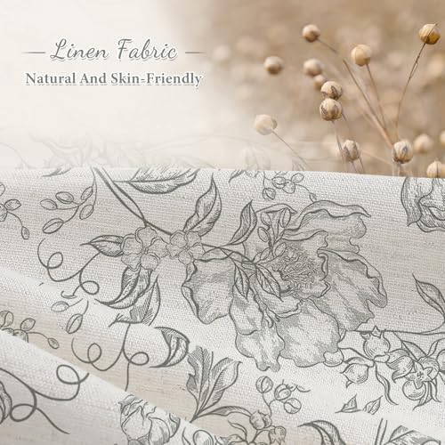 Grey Boho Linen Fabric Shower Curtain , Farmhouse Floral For Bathroom