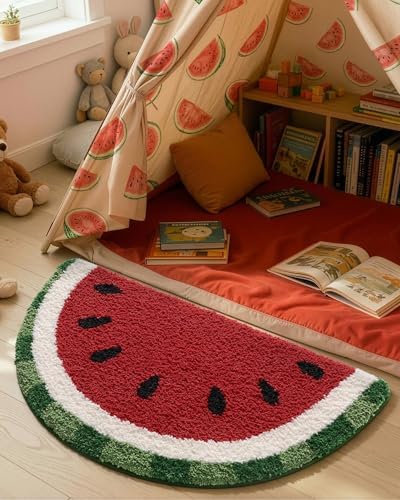 DEXI Cute Watermelon Bath Mat, Half Round Fruit Bathroom Rugs 36x20