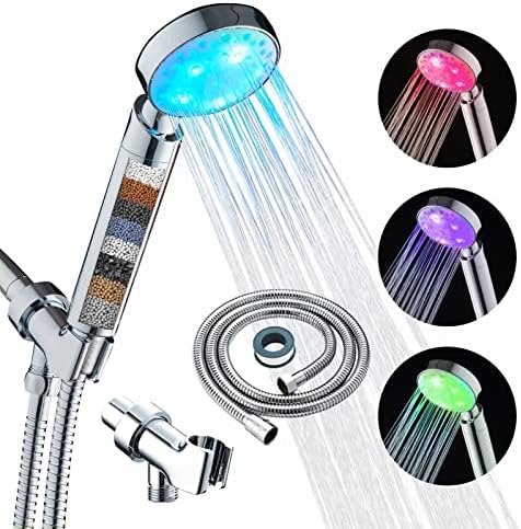 KAIREY Filtered Led Shower Head for Hard Water 7 Color Light Change Automatically Handheld Showerhead Polished Chrome with 60 Inches Stainless Steel Hose and Adjustable Bracket Filter Shower Head