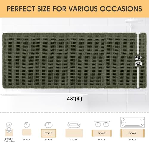 IM HOME Waffle Bath Mat Dark Green 4'x2', Boho Woven Modern Bath Mat Rugs, Absorbent Non Slip Bathroom Rugs, Soft Washable Bath Rugs with Tassels for Bathroom, Bedroom, Kitchen, Shower, Tub