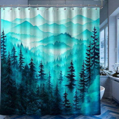 Dark Teal Forest Shower Curtain, 72x72 in, Mountain Rustic Pine Tree