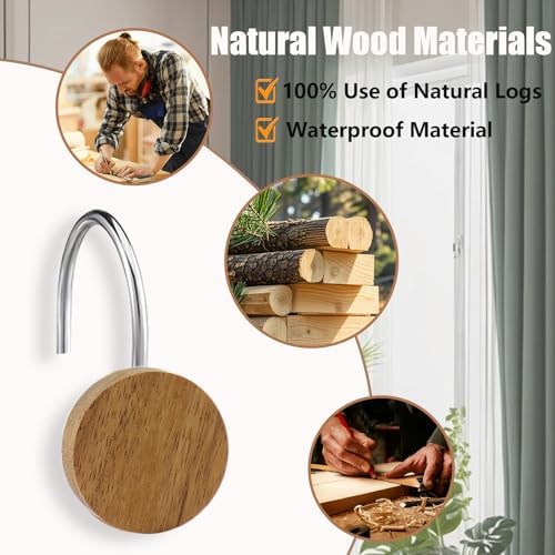 Shower Curtain Hooks, Wood Decorative Shower Curtain Rings, Modern Round Log Shower Curtain Hangers, 12PCS Shower Hooks for Shower Curtain Rod, Bedroom, Living Room (Silvery)