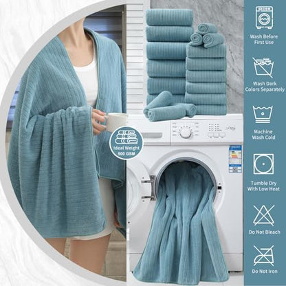18 Piece Bath Towels Set,Soft Family Bathroom Towel Set with Hanging Loops-6 Bath Towels,6 Hand Towels,6 Washcloths,Highly Absorbent Quick Dry Shower Towel for Bathroom,Hotel,Spa-Turquoise Towel Set