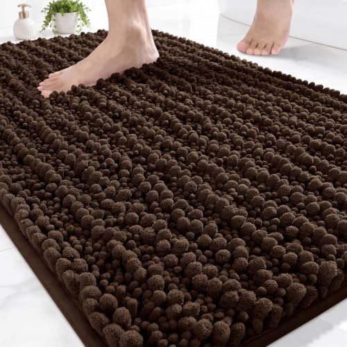 Disolla Small Bath Mat 17x24 Inch - Chenille Brown Bathroom Rug, Extra Soft Absorbent Plush Shaggy Bathmat, Non-Slip Machine Washable Floor Mat for Shower, Tub and Sink