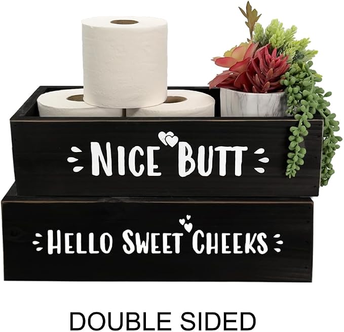 Admired By Nature Hello Sweet Cheeks Solid Wood Toilet Paper Holder, Farmhouse Décor, Toilet Paper Storage, Bathroom Accessories, Bathroom Décor, for Home Décor Bathroom Organizer (Black)