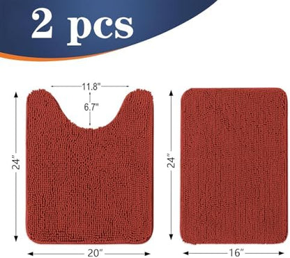 OLANLY Chenille Bathroom Rugs Mats Sets 2 Piece, 24"x16"+24"x20", Red