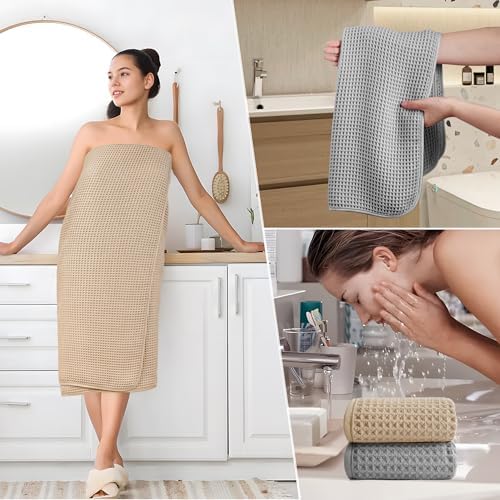 POLYTE 430 GSM Poly Blend Microfiber Quick Dry Waffle Bath Towel Set of 6
