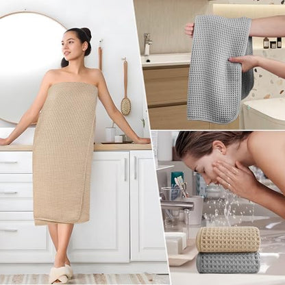 POLYTE 430 GSM Poly Blend Microfiber Quick Dry Waffle Bath Towel Set of 6