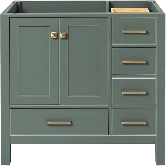 ARIEL Cambridge 36-inch Bathroom Vanity Base Cabinet,Solid Wood, 2 Soft Closing Doors, 5 Dovetail Drawers, Vintage Green