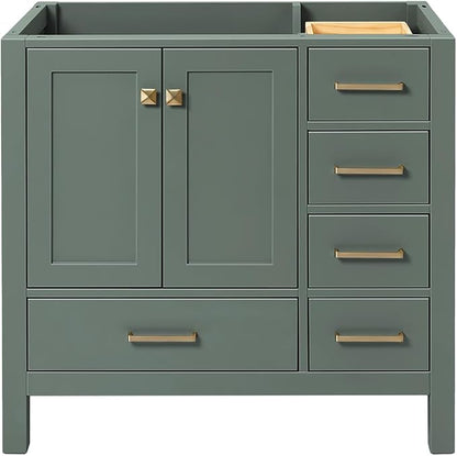 ARIEL Cambridge 36-inch Bathroom Vanity Base Cabinet,Solid Wood, 2 Soft Closing Doors, 5 Dovetail Drawers, Vintage Green