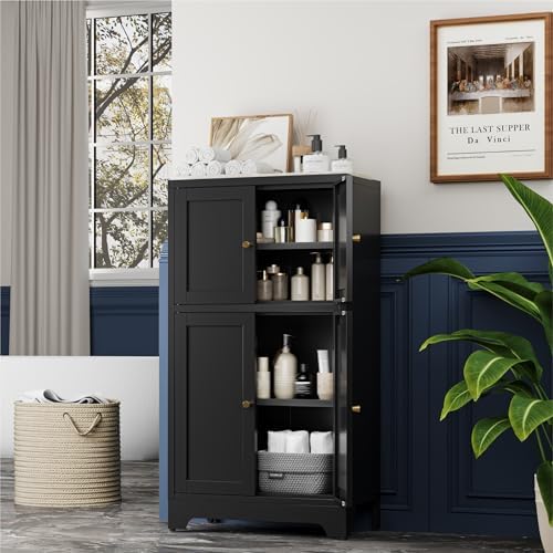 YAUWOH Bathroom Floor Cabinet, Metal Storage Cabinet with 2 Adjustable Shelves & 4 Doors,Freestanding Sideboard for Dining Room,Living Room, Home Office(1PC,Black)