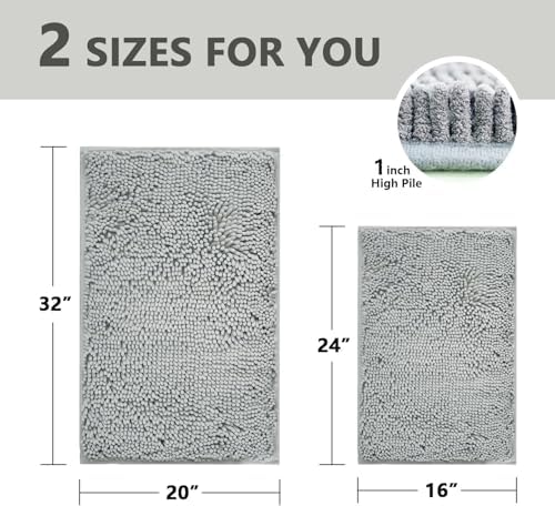 BOANKODU Bathroom Rugs Sets 2 Piece, Extra Soft Chenille Bath Mat Absorbent Bathroom Rug, Bathroom Mat with PVC Non-Slip Bottom, Machine Washable Bath Rugs (32x20 Inch + 24x16 Inch, Light Grey)
