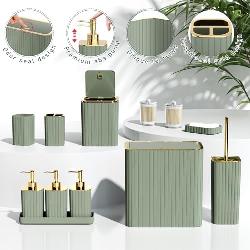 Bathroom Set - Bathroom Sets with Shower Curtain and Rugs, Sage Green Bathroom Set, 27PC Bathroom Accessories Set, Mini Trash Can, Toilet Brush, Trash Can & Soap Dispenser
