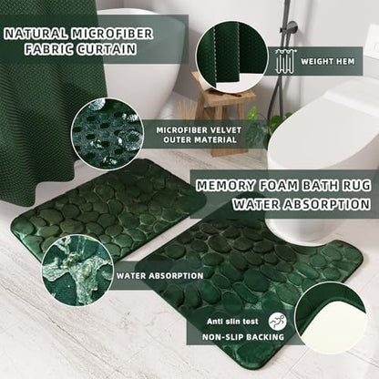 XLHOMO Bathroom Set- 25PC Green Bathroom Sets, Bathroom Set with Shower Curtain and Rugs, Dark Green Shower Curtain Set, Bathroom Accessories Set, Bathroom Trash Can