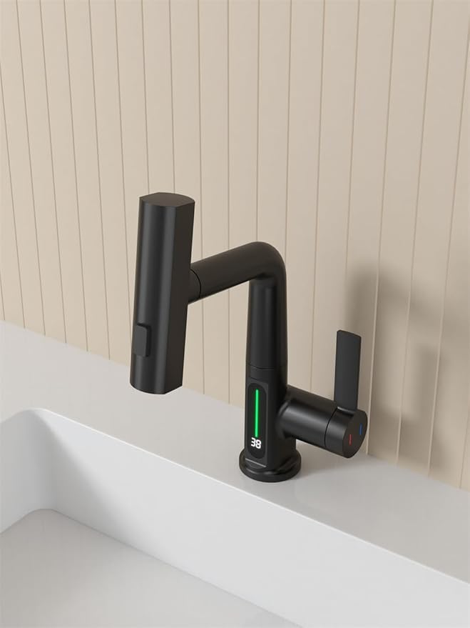 Bathroom Single Handle Basin Sink Pull Out Faucet with Rainfall Spray Head Temperature Digital Display Vanity Mixer Tap Matte Black