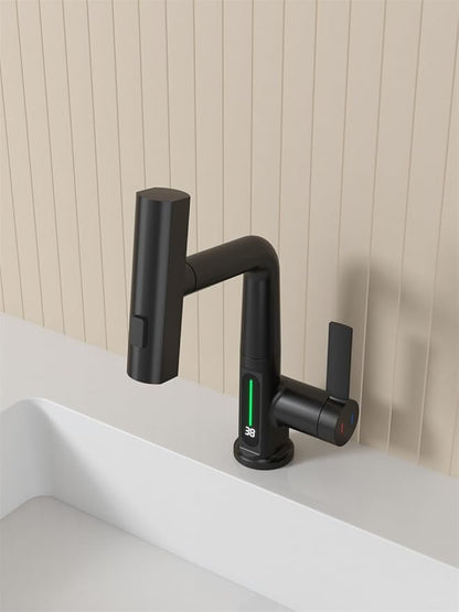 Bathroom Single Handle Basin Sink Pull Out Faucet with Rainfall Spray Head Temperature Digital Display Vanity Mixer Tap Matte Black