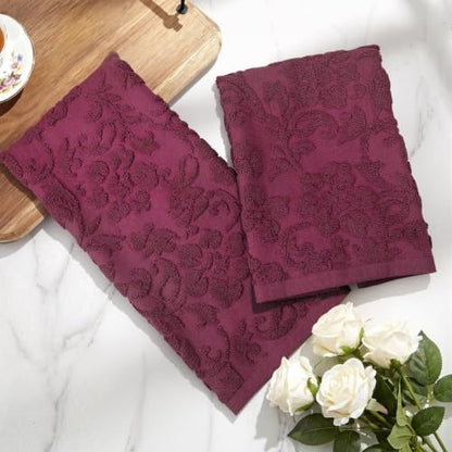 SmoothNovelty 2 Pcs Burgundy Red Floral Jacquard Hand Towels for Bathroom