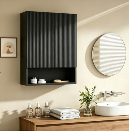 USHOWER Black Bathroom Wall Cabinet with Fluted Doors & Open Shelf